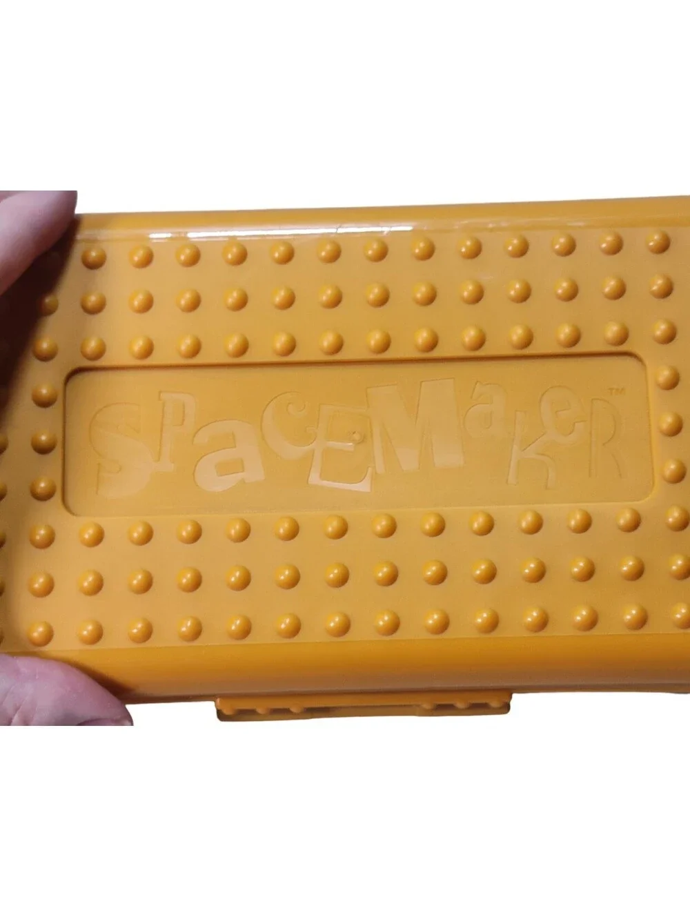 Vintage 90s Spacemaker Hard Pencil Case Box Mustard Top Frosted Teal/Navy Bottom